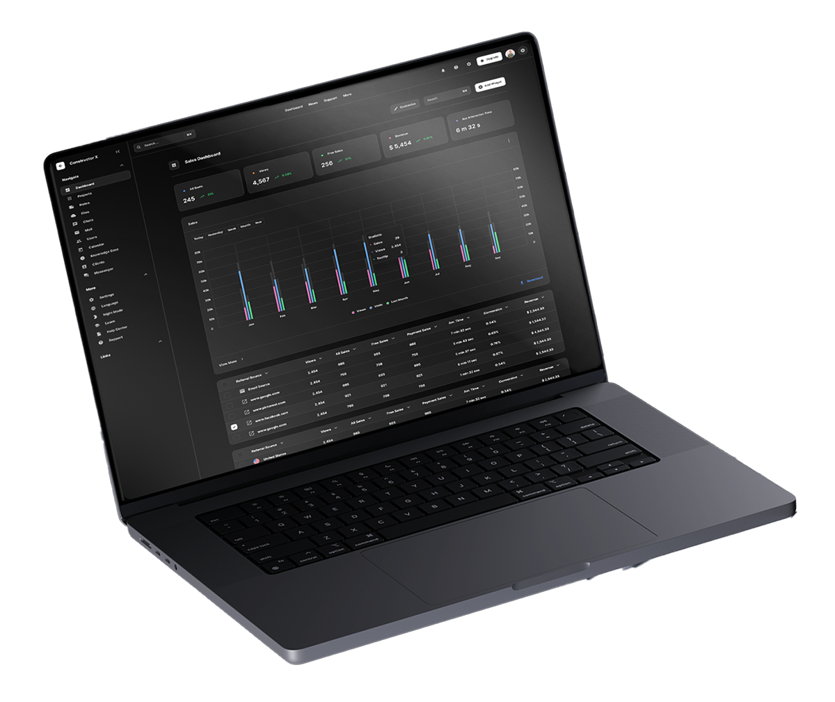 Dashboard interface shown on a laptop: sidebar navigation, metric cards, a sales chart and a data table.